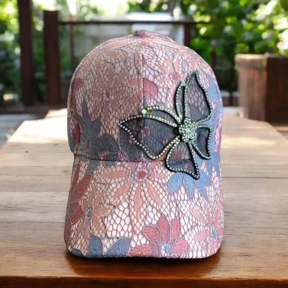 Boutique Handcrafted Feminine Floral Lace Embroidered Butterfly Baseball Cap Hat - Picture 9 of 9